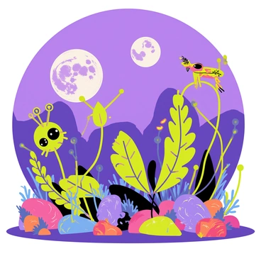 A tee shirt design featuring an alien landscape with vibrant colors. The background shows a purple sky with two large moons. In the foreground, there are bizarre plants with neon green and blue leaves, some with glowing tips. Various strange creatures roam the scene, including a small, round creature with big eyes and antennae. Another creature resembles a mix between a lizard and a bird, perched on a twisted branch. The ground is dotted with colorful rocks and bioluminescent fungi, adding to the otherworldly atmosphere.
