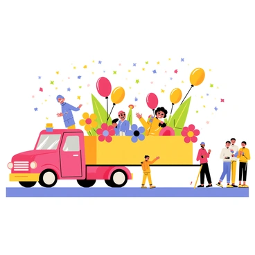 A grand parade float adorned with vibrant decorations, featuring large colorful flowers and balloons. The float is pulled by a shiny red truck and is surrounded by cheerful characters dressed in bright costumes. Confetti in various colors is fluttering around the float, creating a festive atmosphere. People are standing along the street, smiling and waving as the float moves past them.