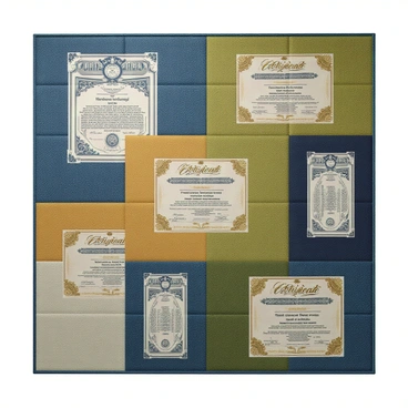 A patchwork quilt with multiple pieces of fabric, each resembling a certificate. The certificates feature intricate designs with ornate borders and varied textures. The colors of the fabrics include deep blues, rich golds, vibrant greens, and soft creams. Each piece is stitched together with a visible thread that contrasts with the fabric, giving the quilt a handcrafted appearance. The overall composition is a mix of different patterns and motifs, creating a visually captivating and detailed surface.