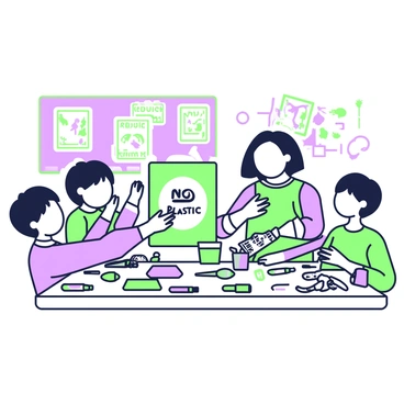 A group of school children is gathered around a large table covered with art supplies and colorful papers. Each child is focused on creating a poster about reducing plastic pollution. One child is using a green marker to draw a large "No Plastic" symbol in the center of their poster. Another child is cutting out images of sea creatures from magazines, which are scattered around them. A third child is gluing together brightly colored paper to form the words "Reduce, Reuse, Recycle" in bold letters. The table is filled with various tools, including scissors, brushes, and glue bottles, as they collaborate and share ideas. In the background, a bulletin board displays other posters with similar themes, illustrating their commitment to environmental care.