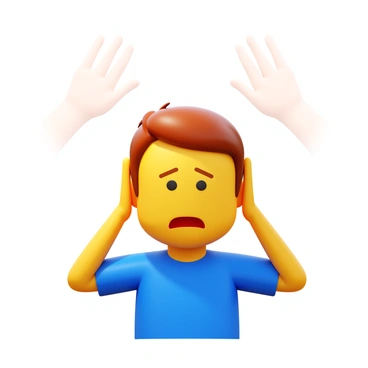 A person with short brown hair, wearing a blue shirt, is standing with their eyes squinted and mouth slightly open in a wince. Their hands are raised to their ears in a defensive posture, showing a visible reaction to a sound. In the background, there are faint outlines of hands performing the action of cracking knuckles. The atmosphere conveys a sense of surprise or discomfort in response to the noise.