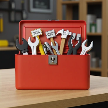 A sturdy metal toolbox with a bright red finish, resting on a wooden workbench. The toolbox is slightly open, revealing a variety of tools inside. Each tool is uniquely designed, including a hammer, wrench, screwdriver, and pliers. Each tool has a small label attached, clearly illustrating a different LIC policy benefit. The labels are neatly arranged, easily readable, and colorful, enhancing the visual appeal of the scene. The background features a blurred workshop environment, adding context to the toolbox.