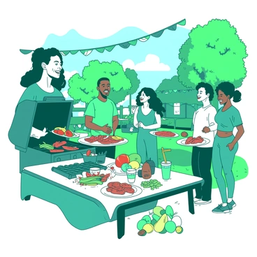 A teal trainer is joyfully reuniting with a group of former clients at a vibrant outdoor barbecue. The trainer is smiling and wearing a sporty outfit, holding a plate filled with colorful grilled vegetables and lean meats. The clients, a diverse group of individuals, are gathered around a large grill, laughing and sharing stories about their fitness journeys. Nearby, a white picnic table is adorned with fresh fruits, healthy snacks, and colorful drinks in cups. Streamers and balloons in shades of teal and white are decorating the area, creating a festive atmosphere. In the background, there is a green park setting with trees and bright sunshine, enhancing the joyful vibe of the gathering.