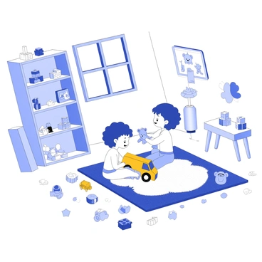 Two children are sitting on a soft, textured rug in a playroom. They are engaged in playing together, surrounded by a varied assortment of toys scattered around them. One child has curly hair and is holding a yellow toy truck, while the other child, with straight hair, is reaching for a blue teddy bear. The playroom features shelves lined with neatly arranged toys, a small table with building blocks, and wall decorations that hint at a playful atmosphere. There is a window allowing natural light to illuminate the space, casting gentle shadows on the floor.