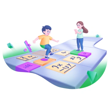 A scene depicting children playing hopscotch on a sidewalk grid. The grid is filled with various mathematical equations instead of traditional numbers. Each square features equations such as "2 + 2", "x - 3", and "4 * y". One child is poised to jump, wearing a bright yellow t-shirt, while another child stands at the end of the grid, clapping in encouragement. The sunlight casts shadows on the sidewalk, highlighting the equations and the children’s playful expressions. There are colorful chalk drawings around the grid, adding a lively atmosphere to the scene.