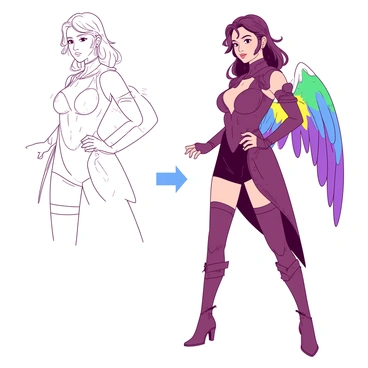 A character's evolution from a realistic sketch to a fully illustrated fantasy being
