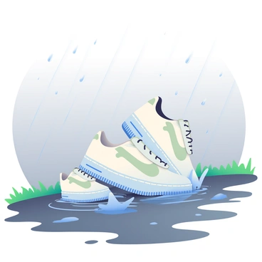 A pair of white Air Force 1 sneakers is splashing in a series of puddles on a rainy day. Each sneaker is creating ripples in the water, and droplets are flying off in various directions. The background features a gray, overcast sky with rain falling steadily. The ground is wet and reflects the sneakers, enhancing the vibrant contrast between the bright white shoes and the dark, shiny surface of the pavement. Small puddles are scattered around, and the surrounding area shows hints of green grass peeking through the wet asphalt.