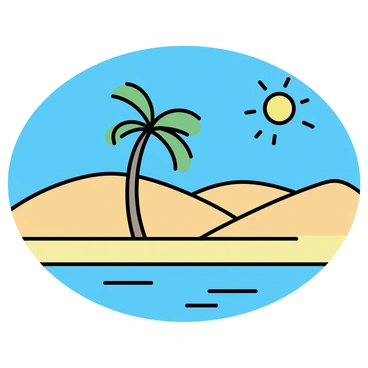 An oasis in a vast desert landscape, with a palm tree and clear water pool under a scorching sun