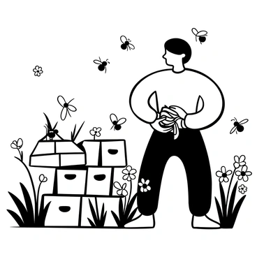 A large figure of Beorn with a muscular build is standing next to several beehives, carefully collecting honey from one of them. He is surrounded by buzzing bees in various positions, some hovering in the air while others are landing on the hives. Wildflowers in different shapes and sizes are growing around the scene, with tall grass swaying gently. The entire setting conveys a sense of nature and activity.