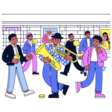 A jazz busker is playing a shiny gold trombone in a busy urban subway station. The musician is wearing a stylish black fedora and a patterned shirt, with a smile on his face as he performs. Surrounding him are various commuters, some stopping to listen, while others hurry past with their bags. The subway's tiled walls are visible in the background, along with a colorful advertisement poster. A few coins are scattered on the ground near the busker's feet.