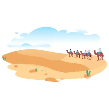 A vast desert plateau stretches under a clear blue sky, with undulating sand dunes of golden hues casting gentle shadows. In the distance, a camel caravan traverses the landscape, with several camels walking in a line, their humps silhouetted against the horizon. The caravan is accompanied by figures riding atop the camels, dressed in flowing fabrics that ripple in the desert breeze. Sparse vegetation clings to life along the plateau, adding patches of green to the warm golden sands. The entire scene is bathed in soft, gradient pastel colors, enhancing the serene desert atmosphere.