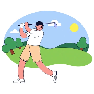 A golfer is in motion, taking a swing with a golf club. The golfer is wearing a white polo shirt and beige shorts. The background features a lush, green golf course with well-manicured grass and a few scattered trees. There are bright blue skies above, and the sun is shining down on the scene. The golfer's stance is balanced, and the club is mid-swing, reflecting focus and determination.