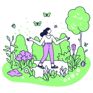A lush garden filled with various plants and flowers. In the center, a person with flowing hair is standing with their arms extended, inviting the butterflies. The butterflies are fluttering around, showcasing different wing patterns and sizes. The garden includes tall green grass, neatly trimmed hedges, and a variety of blooming flowers in the foreground. Sunlight filters through the leaves of nearby trees, creating dappled shadows on the ground.