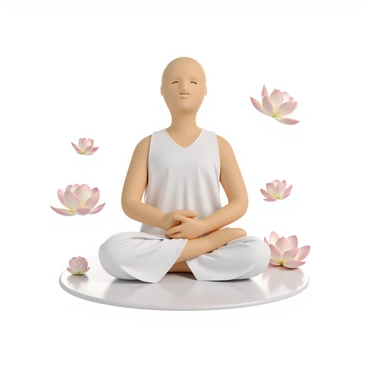 A 3D human figure with a serene expression, sitting in a meditative pose on the ground. The figure has a light skin tone and is wearing simple, flowing white clothing. Surrounding the figure are several lotus flowers in various stages of bloom, with soft pink and white petals. The lotus flowers appear to float gently around the figure, creating a peaceful atmosphere. The ground beneath the figure is a smooth, reflective surface that enhances the tranquil scene.