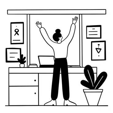 A young entrepreneur is standing in a small office, raising their arms in a gesture of celebration. The walls are adorned with framed awards and certificates, showcasing achievements. A sleek desk is positioned in the foreground, cluttered with financial documents and a laptop. A potted plant sits in one corner, adding a touch of life to the space. A large window allows light to pour in, illuminating the scene.