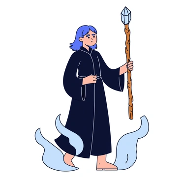 A seer with glowing blue eyes stands upright, gazing into the distance. The seer is adorned in a flowing dark robe that billows slightly, suggesting movement. In their right hand, they hold a tall staff made of twisted wood, topped with a shining crystal. Surrounding the seer is swirling mist that gently dances around their feet, creating an ethereal atmosphere. The seer's expression is focused and wise, reflecting a deep understanding of the mysteries before them.
