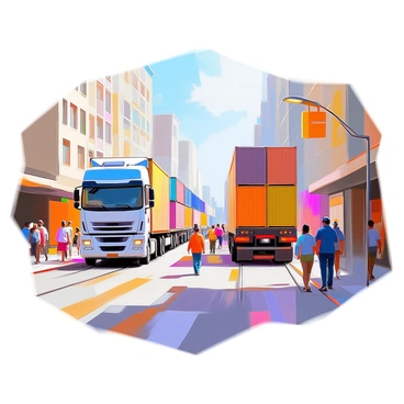A bustling city street filled with activity, showcasing several trucks and trains in motion. Large shipping containers are being loaded onto the back of a blue truck parked at the curb, while a freight train passes alongside the street, carrying more containers in vibrant colors. People are walking along the sidewalk, some stopping to observe the transportation activity, while others are engaged in conversations. The street is lined with tall buildings and colorful storefronts, contributing to the lively atmosphere of the urban environment.