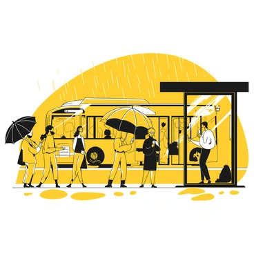 A crowded metro bus stop with several passengers waiting under umbrellas. The umbrellas are opened above them, providing shelter from the rain that is visibly falling. The ground is wet with puddles reflecting the dim light. Some passengers are checking their phones while others are engaged in conversation. In the background, there is a bus visible, arriving at the stop with its doors open, ready to board passengers. The scene captures the essence of a rainy day in the city.