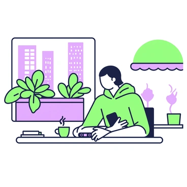 A person is sitting at a rectangular table in a city cafe. They are wearing a casual hoodie and jeans. Their arms rest on the table, and they are looking down at a smartphone. The cafe has an assortment of potted plants on the windowsill behind them. Through the window, tall city buildings are partially visible, with some outdoor seating to the right. A steaming cup of coffee sits on the table next to the person, along with an open notebook and a pen.