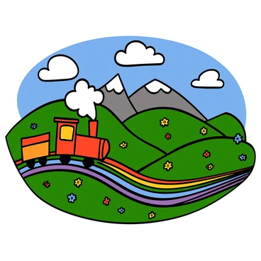 A cartoon train with a bright red engine and colorful carriages rides along a rainbow set of tracks. The train is puffs of white smoke coming from the chimney, and is depicted in motion. The landscape features rolling green hills and fields filled with colorful flowers, under a bright blue sky with fluffy white clouds. In the distance, there are cartoon-style mountains with snow caps, adding to the vibrant scenery. The overall atmosphere is cheerful and whimsical.