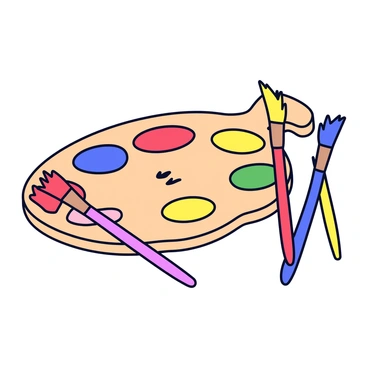 An artist's palette shaped like a traditional wooden palette. It has four vibrant paint blobs in red, blue, yellow, and green, arranged in a way that visually represents the fraction "4/3". Beside the palette, there are three paint brushes with wooden handles. Each brush has different colored bristles: one with red bristles, one with blue bristles, and one with yellow bristles. The palette is placed on a simple white surface.