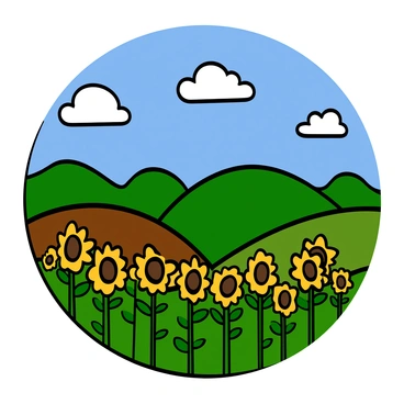 A landscape featuring rolling hills covered in vibrant yellow sunflowers swaying gently in the breeze. The sky above is clear and blue, with a few fluffy white clouds scattered throughout. The sunflowers are tall and bright, their faces turned towards the sunlight. In the distance, there are more hills with varying shades of green, enhancing the beauty of the scene.
