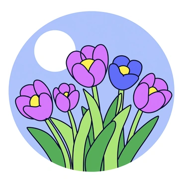 A cluster of crocus flowers with vibrant purple and yellow petals blooming in a garden. The flowers are illuminated by the soft glow of a full moon, casting gentle shadows around them. The garden is filled with lush green foliage, and the atmosphere has a tranquil ambiance, with the moonlight creating a serene backdrop against the dusky sky.
