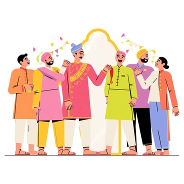 A fun doodle depicting a groom getting ready with his friends. The groom is wearing a vibrant, traditional outfit consisting of a richly colored sherwani with intricate gold embroidery and a matching turban. Around him, his friends are dressed in various traditional garments, including kurtas and dhotis, in a mix of bright colors. The scene features a mirror with the groom checking his reflection while his friends assist him, adjusting his turban. There are decorations like colorful garlands and traditional wedding symbols in the background, creating a festive atmosphere. Laughter and excitement fill the air as they share a joyful moment together.