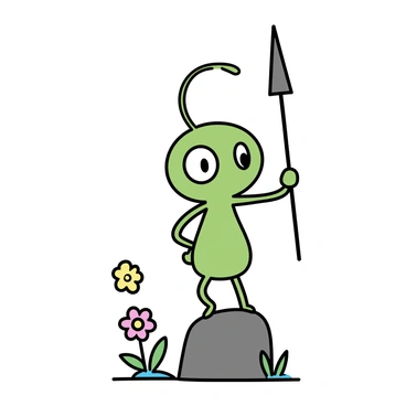 A fierce Pikmin warrior, characterized by its vibrant green color and large eyes, stands proudly on a small rock. The warrior has tiny arms and legs, and it is holding a makeshift spear made from a slender twig with a sharpened leaf attached at the end. The Pikmin's posture is bold and confident, with its head held high and a determined expression. The background includes hints of colorful wildflowers and grassy terrain, providing a lively setting for this heroic pose.