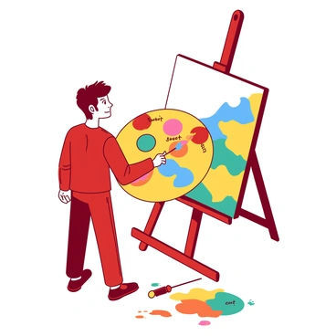A red painter stands in front of a large canvas, holding a vibrant yellow palette filled with various colors. Each color on the palette is labeled to represent a different taste, such as "sweet" and "sour." The painter is in the midst of applying bright blue strokes to the canvas, blending colors with a focused expression. Around the painter, there are splashes of orange and teal paint on the floor, indicating previous creative attempts. The scene conveys a sense of artistic exploration and imagination.