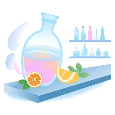 A stylish glass flask is placed on a polished bar countertop. The flask is filled with a colorful cocktail, showcasing a gradient of vibrant shades. Surrounding the flask are fresh fruits like slices of orange, lemon, and a sprig of mint, adding a lively touch. In the background, there are various bottles of liquor and mixers neatly arranged on the shelves, contributing to the lively atmosphere of the bar. A soft glow from the bar lighting enhances the vibrant colors of the scene.