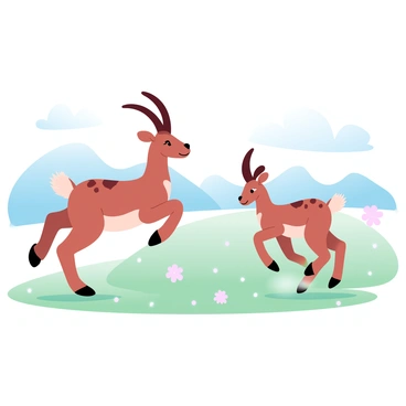 Two young chamois are playfully chasing each other across a grassy field. The first chamois has a light brown coat with darker markings, and its legs are in mid-leap as it bounds away. The second chamois, slightly smaller, is following closely behind with its ears perked up, showcasing its playful demeanor. The grassy field is dotted with wildflowers, adding splashes of color throughout. In the background, gentle rolling hills are visible under a clear blue sky.