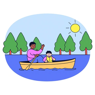 A father is seated in a small wooden boat, rowing gently with an oar. Next to him, a child is happily sitting, with a bright yellow life jacket on. The boat is moving slowly across a calm lake, which reflects the clear blue sky above. Surrounding the lake are lush green trees, providing a serene backdrop to their outing. The sun is shining brightly, casting soft shadows in the boat.