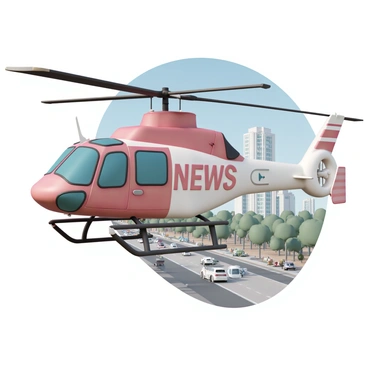 A news helicopter, painted in vibrant red and white with the letters "NEWS" prominently displayed on its side, is hovering above a city landscape. The helicopter has large, rotating blades, and a camera mounted on its side is pointed downwards, capturing live footage. Below, a bustling street filled with cars and people is visible, accompanied by tall buildings and a clear blue sky. The scene conveys a sense of urgency and activity as the helicopter prepares to relay important news updates.