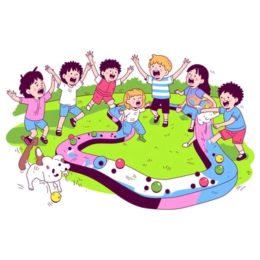 A group of excited children is cheering enthusiastically as colorful marbles race down a homemade track. The track is constructed from brightly colored cardboard, winding and curving through a sunny backyard. Each marble glistens in various shades, creating a vibrant display against the natural green grass. The children's faces are filled with joy and anticipation, with some of them jumping up and down while others point at their favorite marbles. A few dogs are playfully running nearby, adding to the lively atmosphere.