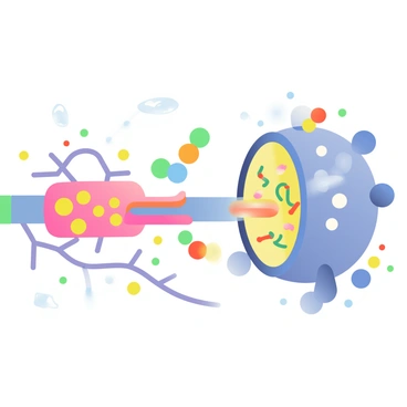 Close-up illustration of neurotransmitters being released into a synaptic gap