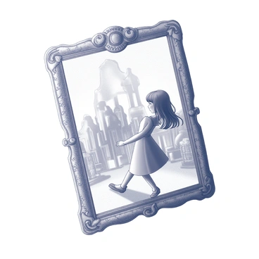 A young girl named Alice is stepping through a large, ornate mirror. The mirror features intricate carvings along its frame, showcasing delicate floral patterns and spirals. On the other side of the mirror, a mirrored world reflects Alice and the surroundings in a fascinating duplication. The environment is filled with various mirrored surfaces that create an illusion of depth and complexity. There are surreal elements, such as elongated shapes and abstract forms, that distort the reflection. Alice is wearing a simple dress, and her hair flows gently as she moves into this enchanting realm.