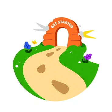 Footprints in a light brown color lead along a curved, welcoming path. The path is bordered with vibrant green grass and colorful flowers on either side. At the end of the path, there is a large, inviting "Get Started" portal, designed in bright colors with decorative elements around it. The portal features a rounded archway, drawing the viewer's eye towards it. Soft sunlight casts a warm glow on the scene, enhancing the inviting atmosphere.