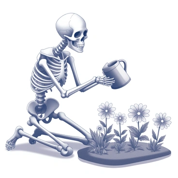 A skeleton is kneeling in a small garden. The skeleton has a playful posture, with its bony hands holding a tiny watering can. The garden features a variety of flowers with detailed petals and leaves, arranged in an organized manner. The flowers are blooming vigorously, showing various sizes and shapes, indicating a vibrant garden atmosphere. The skeleton's skull is tilted slightly as if focused intently on the task of watering the flowers, creating a whimsical scene of interaction between the skeleton and the lively plants.