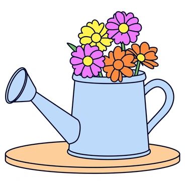 A vintage watering can with a distressed finish, featuring a long spout and a sturdy handle. Inside the watering can, a vibrant arrangement of gerbera daisies in various colors, including bright pink, orange, and yellow. The daisies are fresh and full, their rounded petals opening widely. The watering can is placed on a wooden table with a light grain, showcasing a rustic setting.