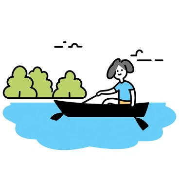 A person, wearing a light blue shirt and brown shorts, is rowing a small boat across a calm lake. The boat is wooden with a dark finish and has two oars. The surface of the lake is smooth and reflective, mirroring the clear sky above. Lush green trees line the shore, and a few fluffy white clouds can be seen in the sky. The person is focused on their task, with one arm pulling an oar while the other rests on the boat's edge.