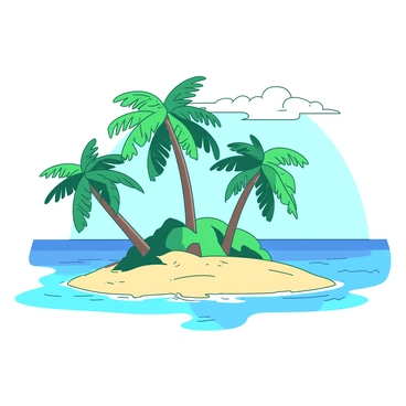A tropical island features a cluster of tall green palm trees swaying gently in the breeze. The background showcases clear blue waters that shimmer under the sunlight. Soft, sandy beaches stretch along the shoreline, inviting anyone to step onto the warm golden sand. In the distance, a few small white clouds float lazily across the bright sky, completing the picturesque scene.