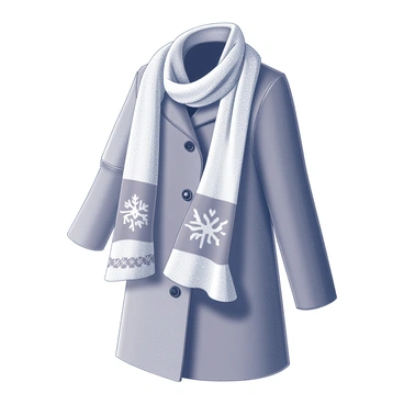 A winter coat is prominently displayed, featuring a structured design with a high collar and buttons down the front. Draped over the coat is a knitted scarf with intricate holiday motifs, showcasing patterns like snowflakes and festive symbols. The scarf hangs elegantly, with the ends partially curled to give a sense of warmth and comfort. The background suggests a wintry environment, enhancing the cozy ambiance of the scene.