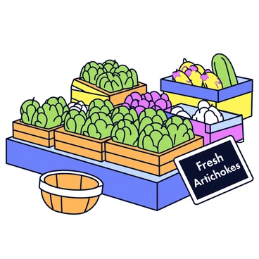 A market stall is filled with a variety of fresh artichokes, showcasing their green and purple hues. The artichokes are arranged neatly in wooden crates, highlighting their unique shape and texture. A small chalkboard sign in front of the stall reads "Fresh Artichokes" in white letters. The scene includes a woven basket nearby, ready for customers to take their purchases. The background features other colorful vegetable stalls, adding to the lively atmosphere of the market.