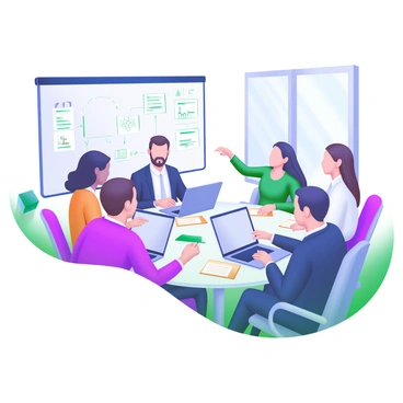 A diverse team of executives is seated around a round table. Each executive has a laptop open in front of them, with notes and documents scattered across the table. The group consists of individuals of various ethnicities, genders, and ages, showcasing a blend of professional attire. They are engaged in an active discussion, with one executive pointing at a screen while others listen intently. The setting features a modern office with large windows allowing natural light to fill the room, and a whiteboard in the background filled with handwritten notes and diagrams.