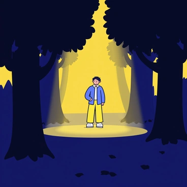 A figure standing peacefully in a dark forest. The figure is illuminated by a warm, golden light emanating softly around them. The surrounding trees have dark trunks and dense foliage, creating a contrast with the light. The ground is covered with fallen leaves, and faint silhouettes of other trees can be seen in the background.