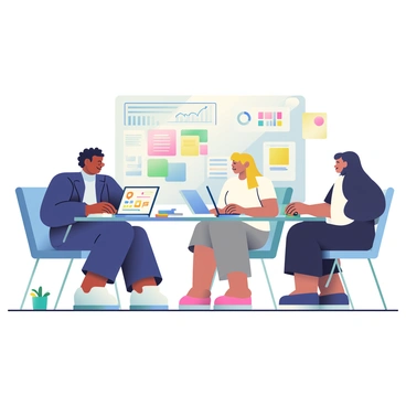 A diverse team of professionals is gathered around a large conference table in an office setting. There are three people: a man with dark skin and curly hair, a woman with light skin and straight blonde hair, and a woman with medium skin and long black hair. Each person is focused on their laptops, typing and discussing ideas. The man is wearing a navy blue suit, the blonde woman is dressed in a white blouse and gray skirt, and the woman with black hair is in a black dress. On the table, there are open notebooks, colorful markers, and a laptop with a bright screen displaying a project plan. A large whiteboard filled with charts and notes is visible in the background, and a potted plant adds a touch of greenery to the space.