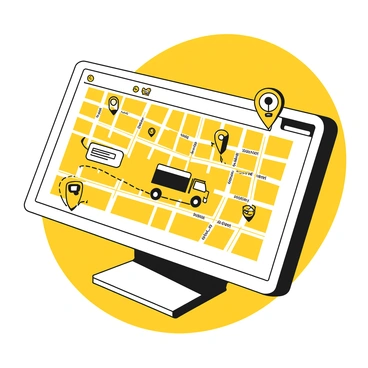 A close-up view of a digital map displayed on a screen. The map features various streets and landmarks in a grid layout. A yellow truck icon is visibly moving along a designated route, indicating real-time tracking. The screen shows additional details like location markers and route lines. There are icons for points of interest and a small compass in one corner of the screen. The overall setting suggests a modern transportation management environment.