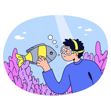 A diver wearing a blue wetsuit and a clear mask is interacting with a curious snapper fish. The fish has bright yellow and gray scales and is swimming closely to the diver's face. Around them is a vibrant underwater landscape filled with colorful coral formations in shades of pink and purple. Small bubbles are rising from the diver's mouthpiece, creating a playful atmosphere in the scene. Rays of sunlight penetrate the water, illuminating the vibrant colors of the underwater environment.