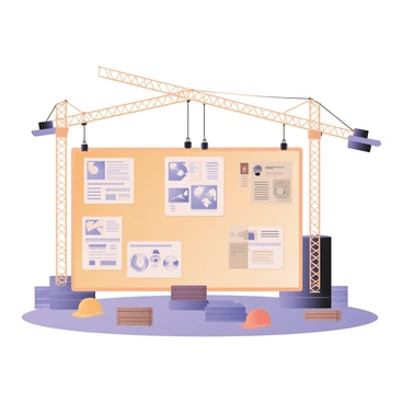 A digital flat illustration of an organizational chart designed to resemble a construction site. There are large cranes positioned at different angles around the chart, lifting blueprints that display various roles within the organization. The blueprints have detailed diagrams and labels indicating different job titles, while some are pinned to wooden structures resembling scaffolding. The ground is covered with construction materials, such as bricks and wooden planks, and there are hard hats placed at various points to signify teamwork. The colors used are primarily yellow, blue, and gray, giving the scene a vibrant yet structured feel.